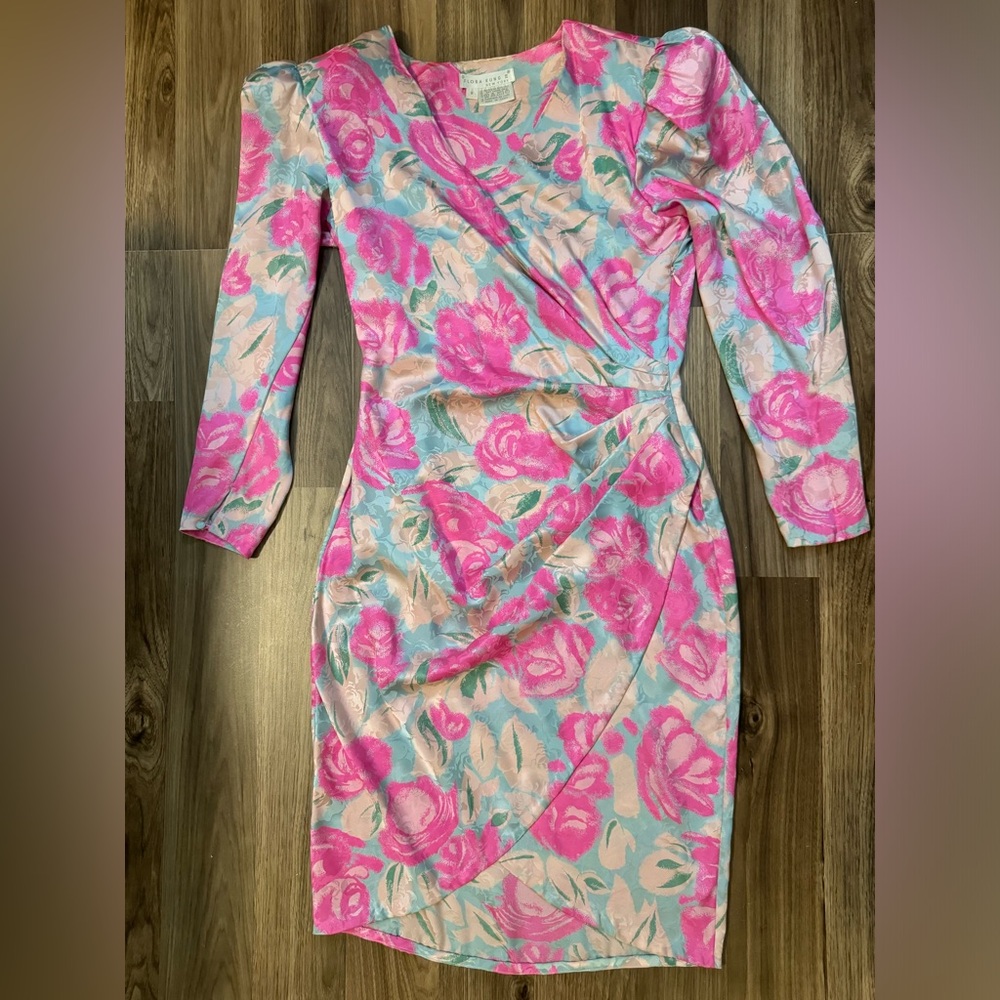 Flora Kung Vtg Silk Roses 80’s Beauty Ruched Waist Tulip Hem Side Zip Dress 8